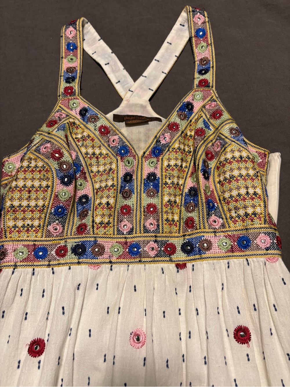 Embroidered White Womens' Dress with Multicolor Floral Bodice